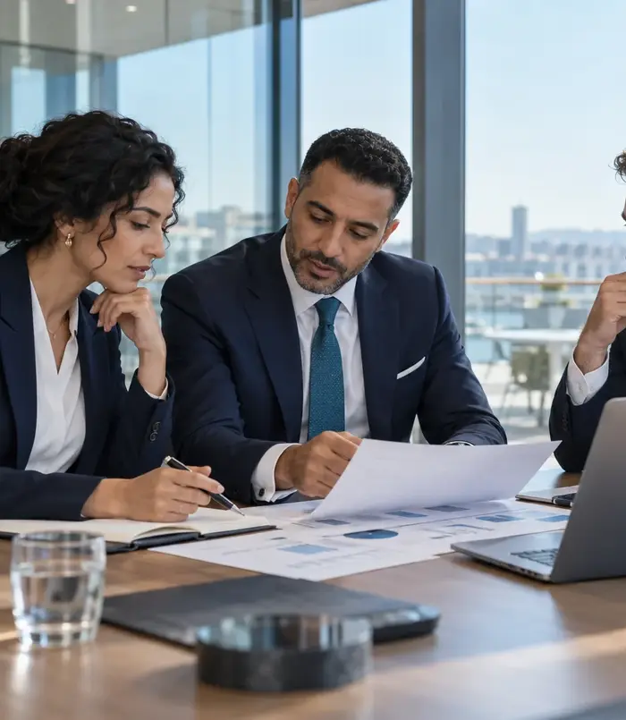 Reviewing financial documents in a meeting